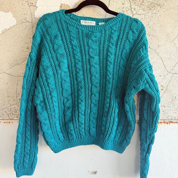 Vtg 80s Sweater Chunky Cable Knit Teal Crew Pullover Womens L Chaus Sport Preppy - Picture 5 of 9